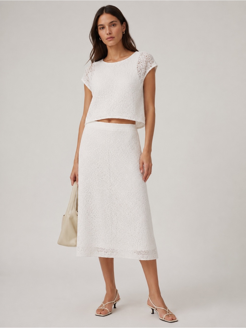Club Monaco White Eyelet Lace 2-Piece Set | Crop Top & Midi Skirt |